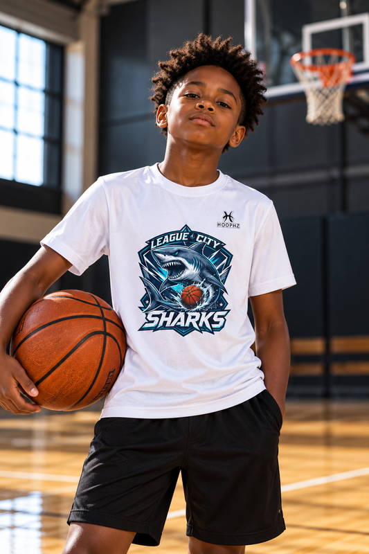 League City Sharks Youth Performance Basketball T-Shirt – Shark Mode